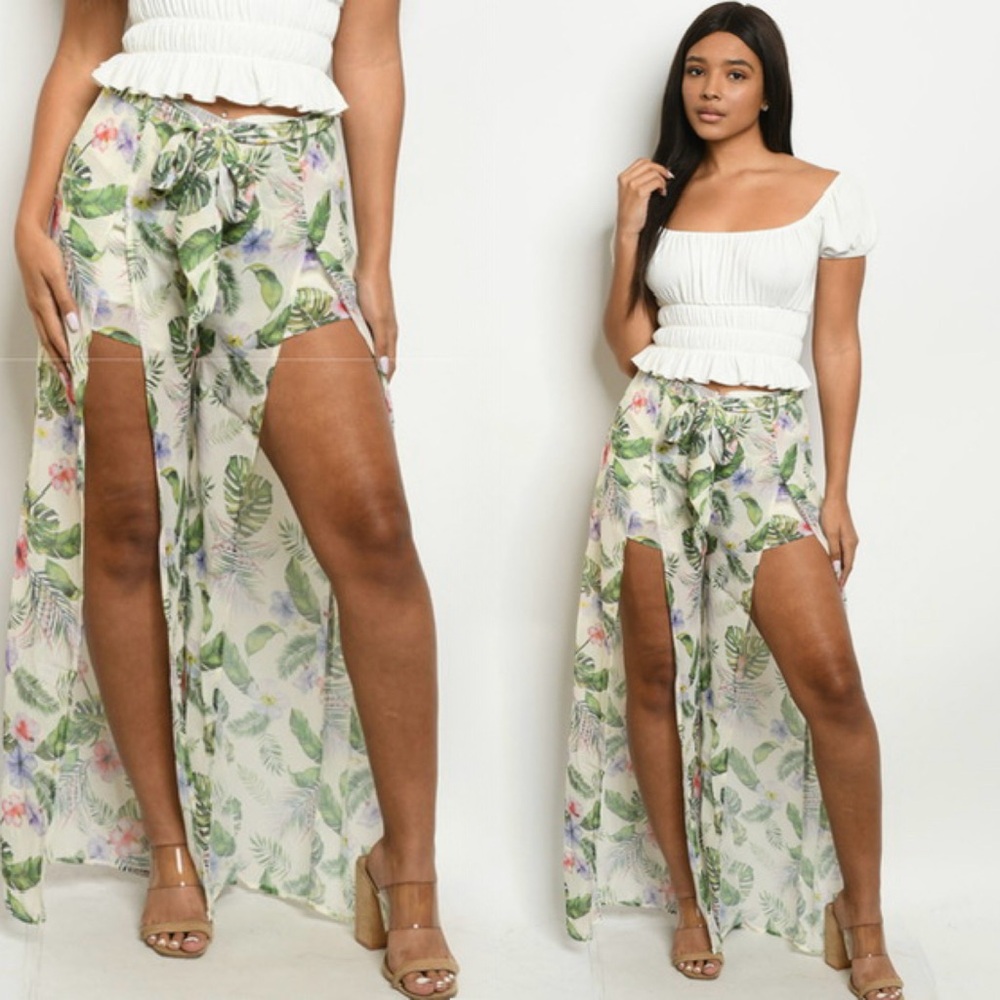Tropical Leaf Print High-Slit Maxi Shorts